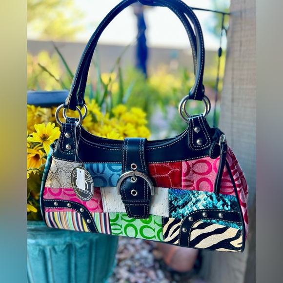 Handbags - Multicolor Patchwork Shoulder Bag with Silver Hardware
